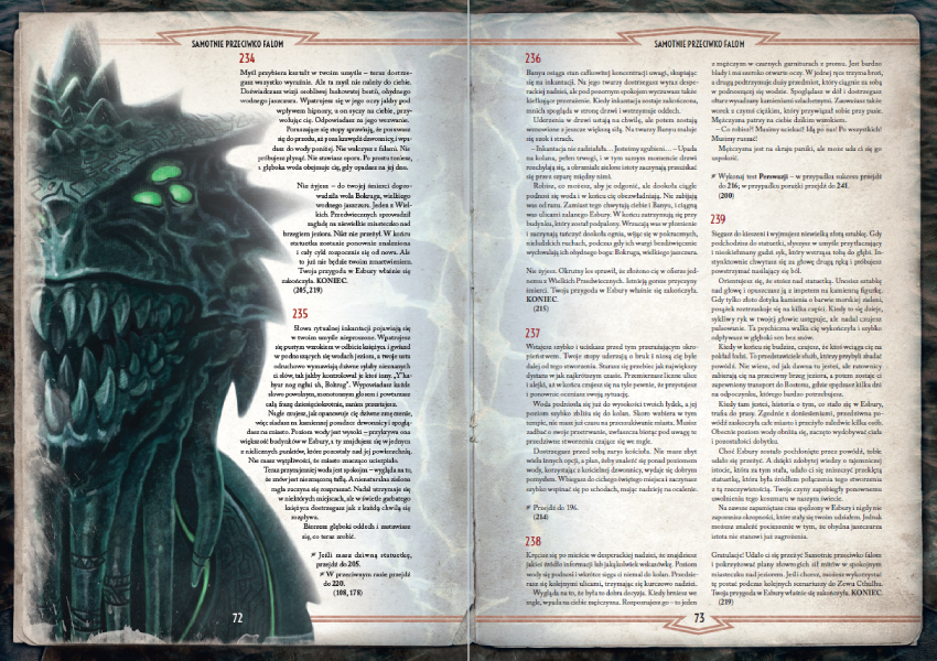 Strony z wnętrza książki paragrafowej Samotnie przeciwko falom